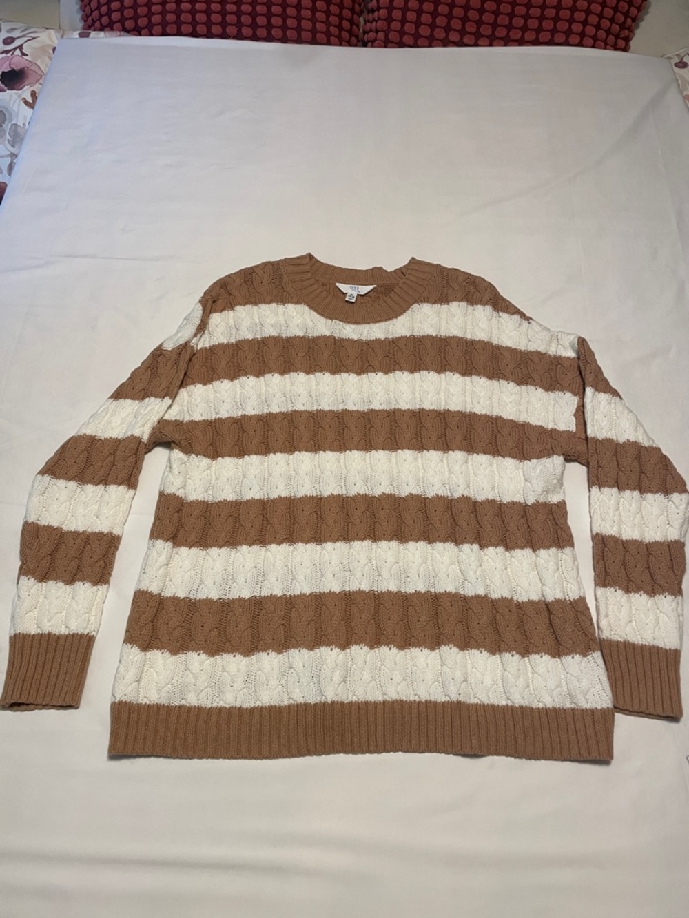 Women’s Time and Tru Brown and White Striped Crewneck Cableknit Sweater size xl